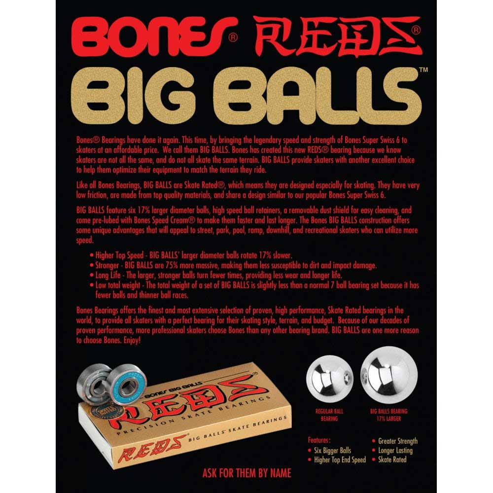 Bones Reds Big Balls bearings, pack of 8 bearings for rollerskates, skateboarding and inline skating